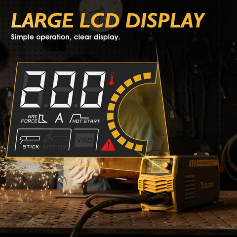 Welder using Compact 200A 110V Stick Welder with large LCD display highlighting arc force and hot start features.