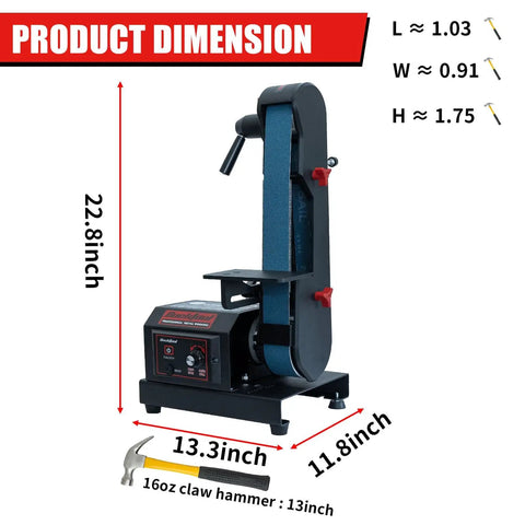 Beefy Variable Speed Belt Sander For Metalworking, 2x42 Inch, 3.5A DC Motor With Control Panel, dimensions shown with hammer