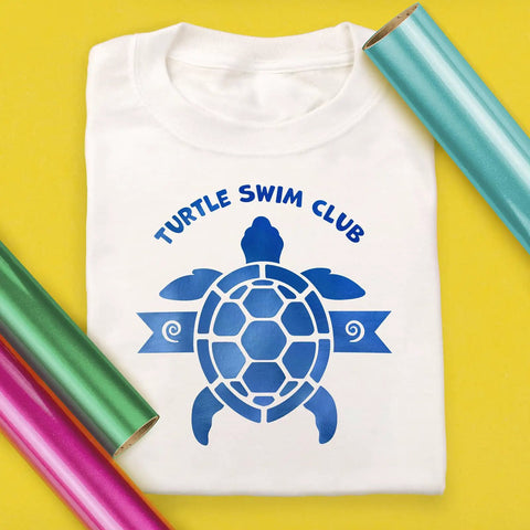 Electric Blue Siser EasyWeed Heat Transfer Vinyl Roll 11.8 Inch By 3 Feet for DIY Turtle Swim Club T-shirt design.