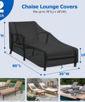 Chaise Lounge Covers Two Pack Waterproof Outdoor Protectors With Windproof Straps For All Weather Protection Fits 80 Inch Long 30 Inch Wide 26 Inch High Loungers Black Durable 420D Polyester PU Coated Weatherproof With Storage Bag, shown on a covered black lounger