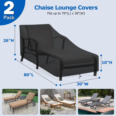 Chaise Lounge Covers Two Pack Waterproof Outdoor Protectors With Windproof Straps For All Weather Protection Fits 80 Inch Long 30 Inch Wide 26 Inch High Loungers Black Durable 420D Polyester PU Coated Weatherproof With Storage Bag, shown on a covered black lounger