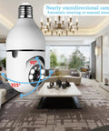 2 Pack 360 Degree Light Bulb Camera 1080P HD WiFi Dome Cam With 2.4GHz Network And 32GB SD Card Included showcasing rotation angles in living room
