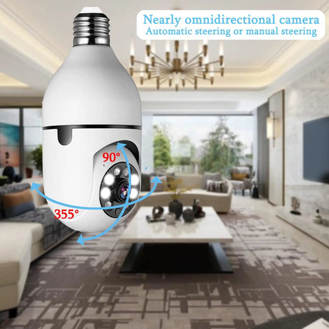 2 Pack 360 Degree Light Bulb Camera 1080P HD WiFi Dome Cam With 2.4GHz Network And 32GB SD Card Included showcasing rotation angles in living room