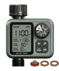 No Fuss Setup Hose Timer With Rain Delay And Auto Or Manual Modes for garden watering shown with digital display and connectors