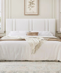 King Size Velvet Bed Frame With Adjustable Channel Tufted Headboard In Chic White Upholstery, cozy bedding detail.