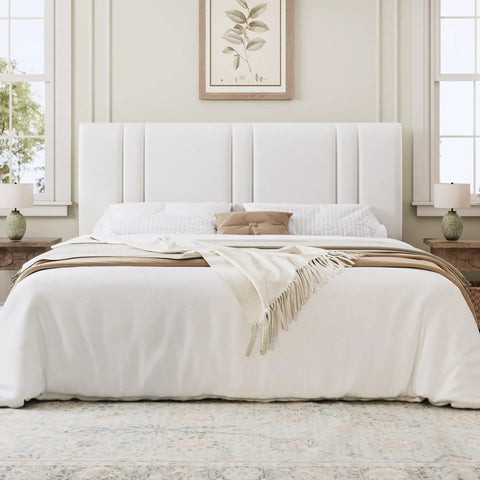 King Size Velvet Bed Frame With Adjustable Channel Tufted Headboard In Chic White Upholstery, cozy bedding detail.