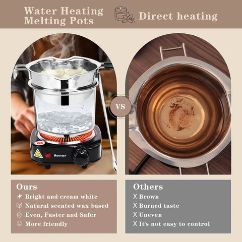Comparison of Pro Grade Double Boiler Wax Melter Pot For Candle Making Kit With Temperature Tools and traditional direct heating.