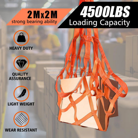 YATOINTO cargo lifting net by Amazon, orange nylon hoisting sling, 2m x 2m, 4500 lb capacity