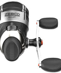 Zebco Bullet spincast fishing reel, size 20, black and silver with dual grip handles, front view