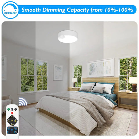 Bedroom with Two Pack Battery Operated Motion Sensor LED Ceiling Lights With Remote, 7.5 Inch Flush Mount, dimmable lighting.