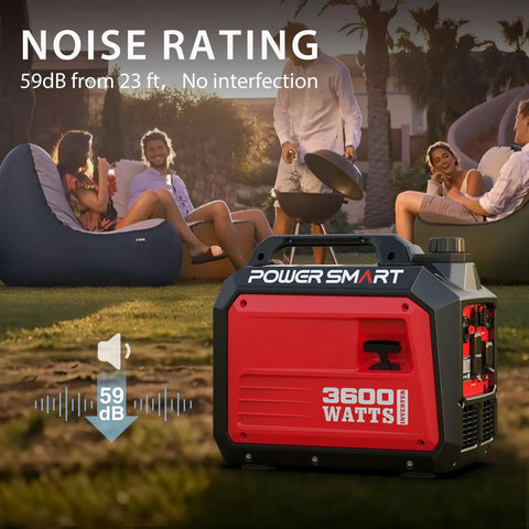 3600 Watt Portable Inverter Generator With Quiet Operation, red and black design, used outdoors with people relaxing nearby