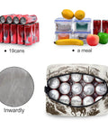 Desert Cowboy Insulated Cooler Bag 10L Leakproof Lunch Box showing capacity for 19 cans or a meal with interior insulation detail.