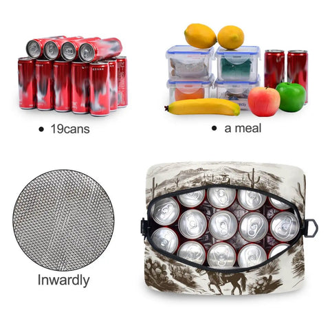 Desert Cowboy Insulated Cooler Bag 10L Leakproof Lunch Box showing capacity for 19 cans or a meal with interior insulation detail.