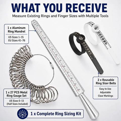 Ring Sizer Kit With 27 Piece Gauge Set For Finger Sizing Aluminum Mandrel And Stainless Steel Gauge Set US Sizes 1 To 15 And EU 41 To 76