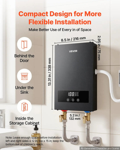 8KW Tankless Electric Water Heater 240V Instant Hot Water System NoFuss Wall Mount dimensions for flexible installation options.