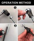 Fifteen Piece Bolt Extractor Kit with Three Eighths Inch Stripped Nut Remover usage steps with wrench and bolts shown