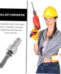 Beefy Pro Grade Drill Bit Adapter for Hammer Drills and Earth Augers 1 Inch Chuck Converter shown next to person holding a drill.