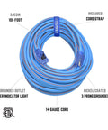 Heavy Duty Extension Cord 100 Ft Blue Orange SJEOW 14/3 With Lighted Locking Plug coiled with cord strap and grounded plug