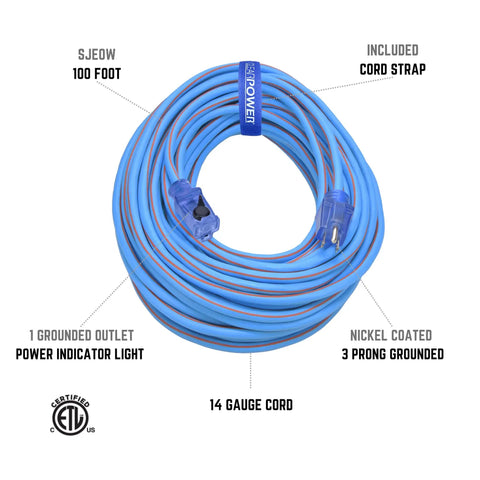 Heavy Duty Extension Cord 100 Ft Blue Orange SJEOW 14/3 With Lighted Locking Plug coiled with cord strap and grounded plug