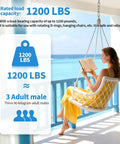 Heavy Duty 1200 Lb Capacity Swivel Ring Double Ended Eye Hook In 304 Stainless Steel Includes Swivel Hooks And Snap Hooks For Easy Installation Hang Chairs Hammocks Boxing Bags And Gym Equipment showcasing a woman on a hammock with text on load capacity.