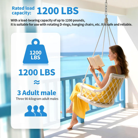 Heavy Duty 1200 Lb Capacity Swivel Ring Double Ended Eye Hook In 304 Stainless Steel Includes Swivel Hooks And Snap Hooks For Easy Installation Hang Chairs Hammocks Boxing Bags And Gym Equipment showcasing a woman on a hammock with text on load capacity.