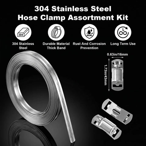 Heavy Duty Stainless Steel Hose Clamp Kit Featuring A Roll Of 50 Ft Cut To Any Length Metal Strapping With 24 Fasteners For Fuel Lines Auto Tubes And Plumbing Jobs That Need Real American Tough Durability, 304 steel roll and fasteners