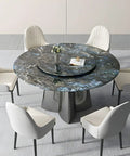 Top Shelf Faux Marble Round Dining Table With Effortless Spin Lazy Susan Turntable Solid Black Metal Pedestal Base For Modern Kitchen Gatherings Accommodates Four Guests Without Extra Chairs with white chairs and flower vase.