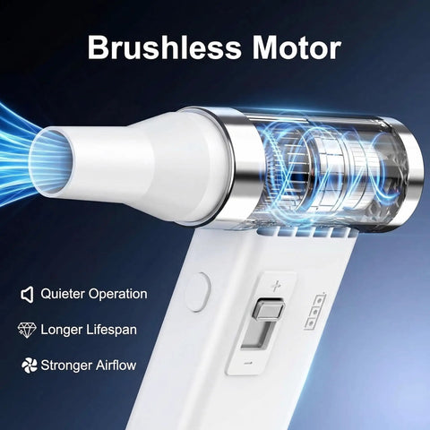 Close-up of Ultra Slim Electric Air Duster with 150,000 RPM Turbo Power, showcasing brushless motor design.