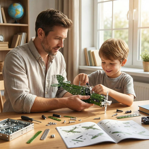 Father and son building Metal Hurricane Fighter Jet Model Kit With 331 Parts One Thirty Second Scale STEM Building Set For Adults And Kids Kid Friendly Hands On Construction Toy For Boys Eight And Up Educational Challenge