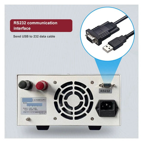 RS232 Bench Top Switching Power Supply 0 to 100V 0 to 30A 3000W Pro Grade Lab Power Source With Voltage Current Stabilization And Over Current And Over Voltage Protection For Phone Repair rear panel with RS232 port and USB to serial cable