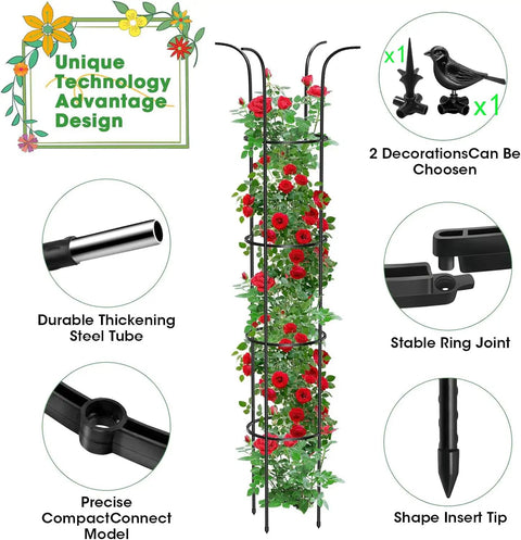 Adjustable 6.2Ft garden trellis with red flowers and rustproof metal design, showing parts like steel tube and stable ring joint.
