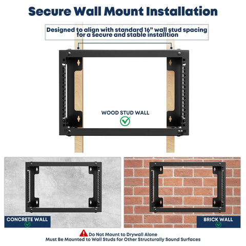 Installation guide for 6U Wall Mount Open Frame Rack 13.3 To 18 Inch Adjustable Depth Black on wood and brick walls.