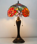 Tiffany Style Stained Glass Table Lamp With Red Rose Pattern, 12 Inch Shade, 22 Inch Tall, Resin Antique Green Bronze Base