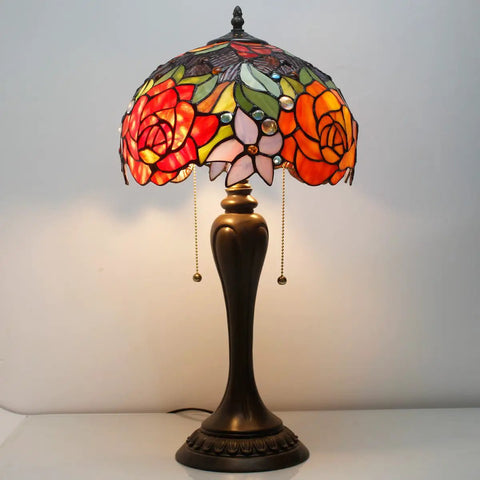 Tiffany Style Stained Glass Table Lamp With Red Rose Pattern, 12 Inch Shade, 22 Inch Tall, Resin Antique Green Bronze Base
