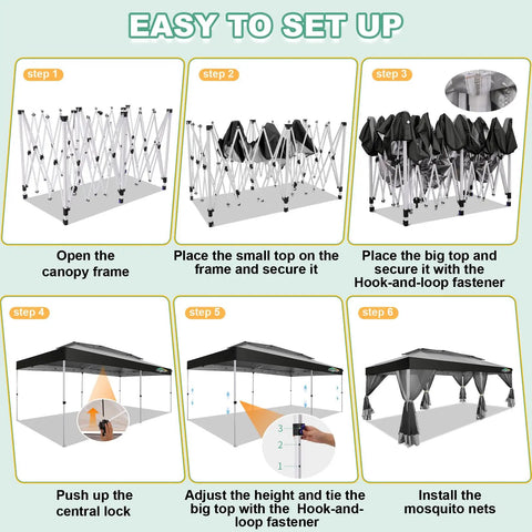 Setup steps for 10x20 Pop Up Gazebo With One Push Setup Ez Up Canopy Tent Mosquito Netting And Vented Roof