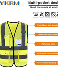 High Visibility Mesh Safety Vest With Pockets And Zipper, Reflective Hi Vis Vest For Running, Biking, Construction Sites, Yellow Mesh, Size Large