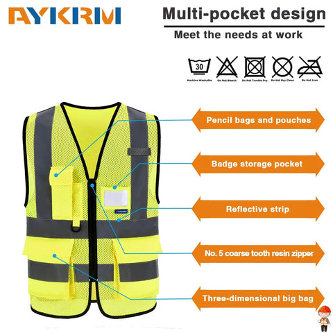 High Visibility Mesh Safety Vest With Pockets And Zipper, Reflective Hi Vis Vest For Running, Biking, Construction Sites, Yellow Mesh, Size Large
