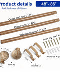 Heavy Duty Adjustable Wood Curtain Rods 1 Inch Diameter 48 to 86 Inches with Imitation Wood Grain Leaf Pattern Finials and brackets