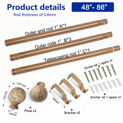 Heavy Duty Adjustable Wood Curtain Rods 1 Inch Diameter 48 to 86 Inches with Imitation Wood Grain Leaf Pattern Finials and brackets