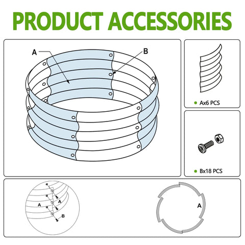 Diagram showing assembly parts for Two Pack Galvanized Round Raised Garden Bed Kit 2x2x1 Feet For Veggies Herbs Flowers Outdoor Planter Box Easy Assembly Rust Resistant Durable Steel Silver, including panels and screws.