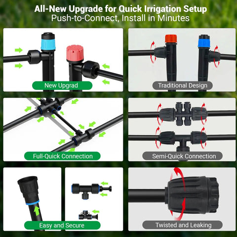 Upgraded 2026 Automatic Drip Irrigation Kit For Garden And Yard with quick-connect PE tubing showing secure connections and settings.
