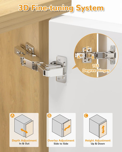 165 Degree Soft Close Corner Cabinet Hinges For Frameless Kitchens installed on wooden cupboard, showing 3D adjustment system