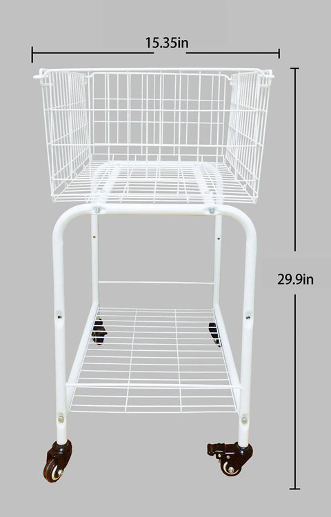 Rolling Laundry Basket With Wheels And Brakes, White Wire Garment Storage Cart With Visible Storage Space and Measurements