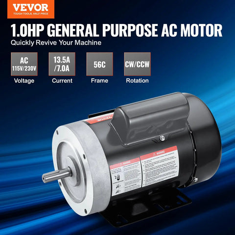 Beefy 1HP Single Phase Electric Motor 3450 RPM 115 And 230 Volt 56C Frame Five Eighth Inch Keyed Shaft Reversible CW CCW