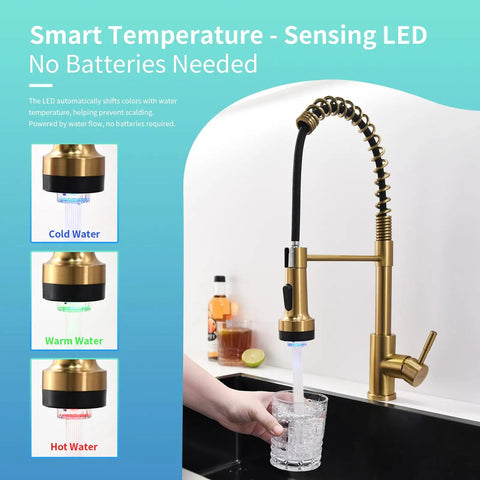 Gold Kitchen Faucet With Pull Down Sprayer, Single Hole, Stainless Steel, LED Temperature Indicator That Changes Color With Water Heat