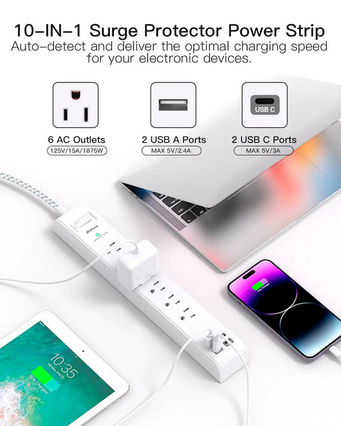 10 In 1 Surge Protector Power Strip With 6 Outlets And 4 USB Ports Fast Charging, 5Ft Braided Extension Cord shown with devices.