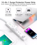 Gritty Heavy Duty Surge Protector Power Strip With Ten Foot Cord And Low Profile Plug serving six AC outlets and four USB ports.