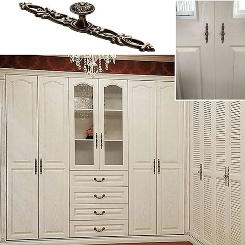 Antique Bronze Vintage Style Cabinet Knobs on white wardrobe doors and drawers, 5.98x0.94x0.87 inches, zinc alloy, rust-resistant.