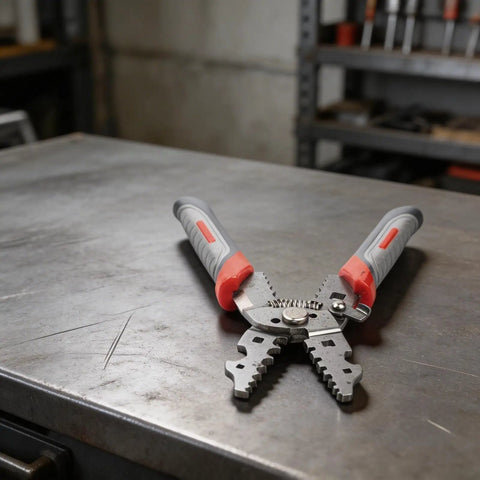 All In One Wire Stripper Tool For Electricians With Carbon Steel Pliers on workbench, ergonomic grip, bagged style