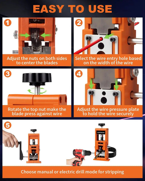 Instructions for Drill Powered Wire Stripper For Scrap Copper Recycling And DIY, Adjustable 0.04 To 1 Inch Stripping Range, tool setup.